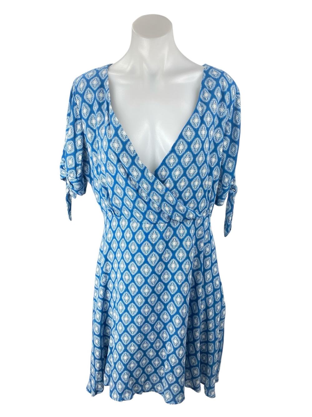 Blue Rair Blue Argyle Short Sleeve Tie Deep V Neck Faux Wrap A Line Mini Dress L